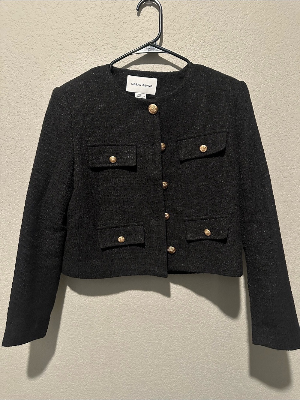 Urban Revivo Black Cropped Tweed Blazer with Gold Buttons